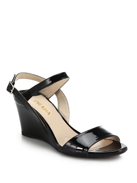 prada black patent leather strappy slingback wedge sandals|Prada Wedge sandals for Women .